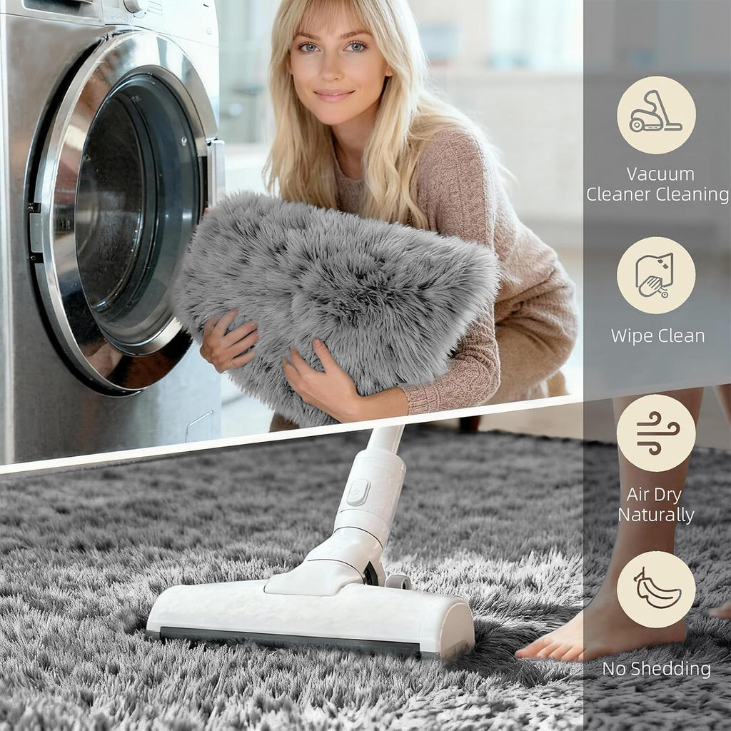 Washable Grey Solid Shag Area Rugs Bedroom