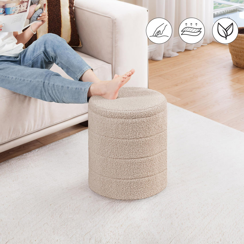 Compact Round Folding Storage Ottoman, Beige Boucle Footstool