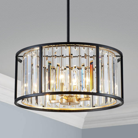 Modern K9 Crystal Drum Chandeliers 4-Lights, Middle Century Chandelier Light Fixture for Dining Room, D16 x H20, Adjustable Chains 59", Shinny Gold & Matte Black Finish Metal Frame A100-B0C1JJMLBC