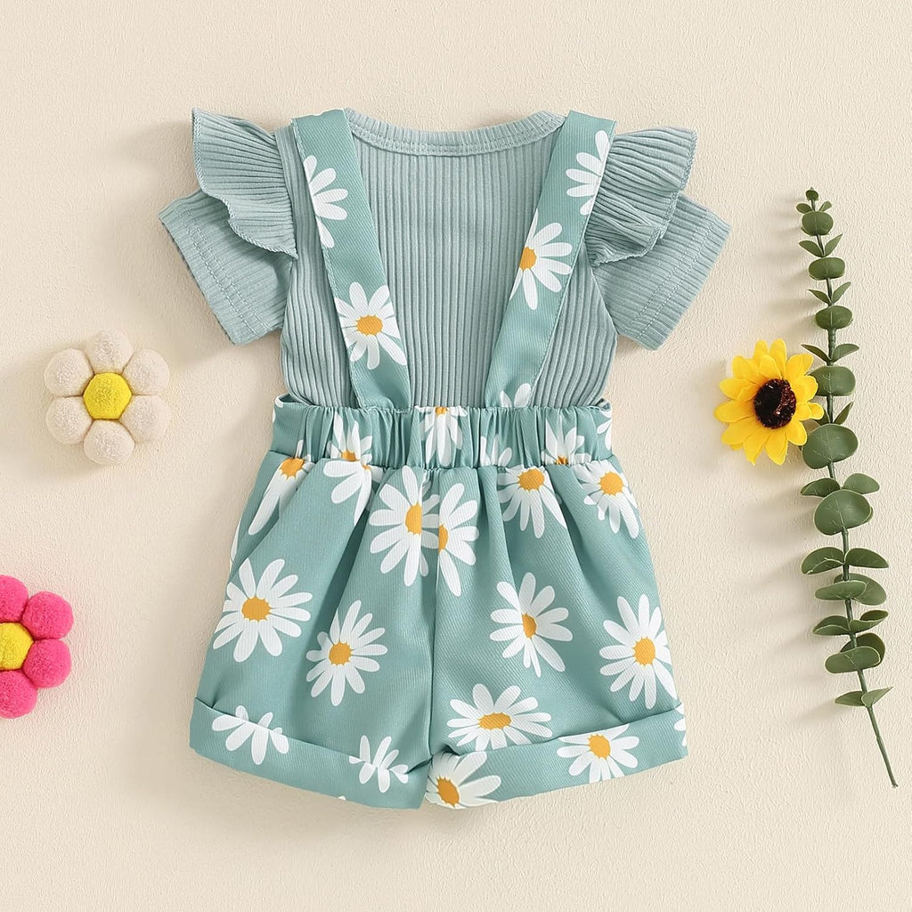 Newborn Baby Girl Clothes Summer Outfit Short Sleeve Ribbed Romper Floral Suspender Overalls Shorts Set