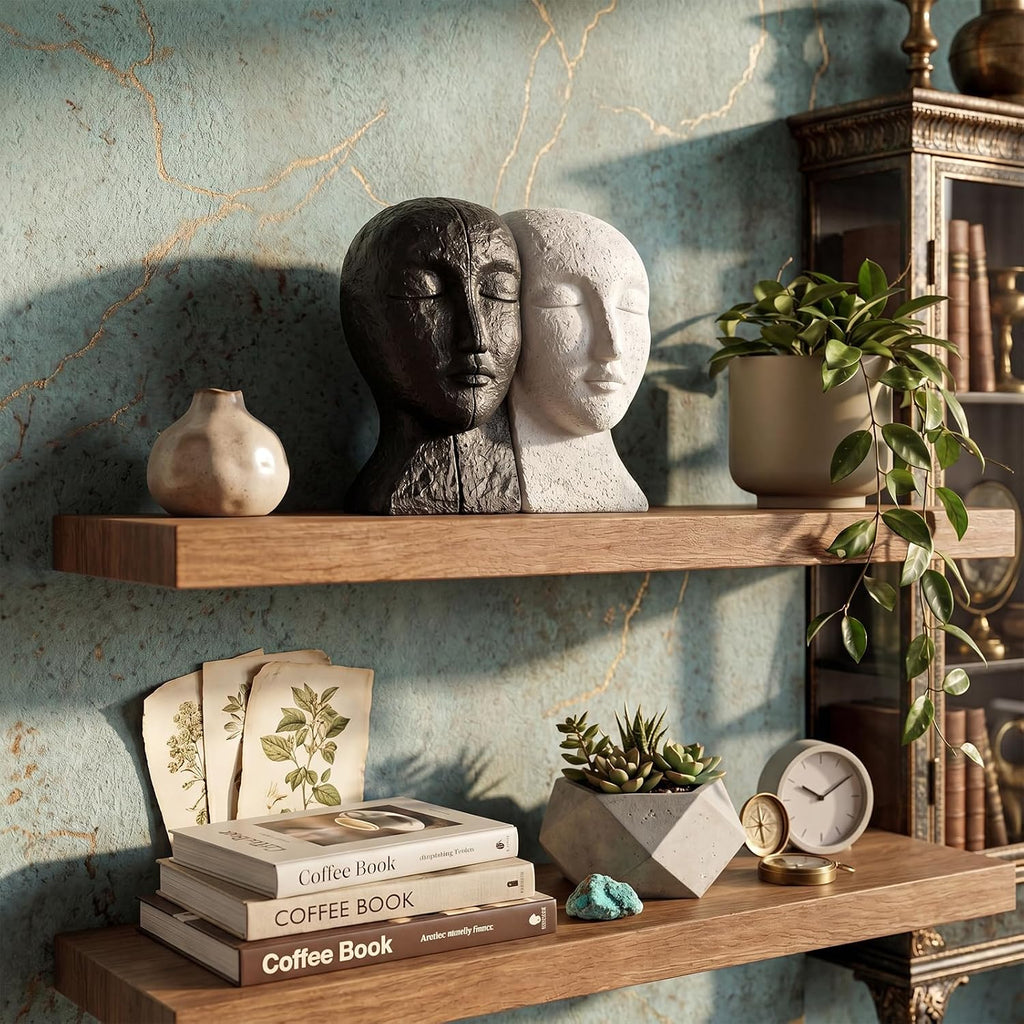 Heavy Duty Book Ends for Shelves, Solid Concrete Sculptural Faces Bookends for Heavy Books, Modern Decorative Book
