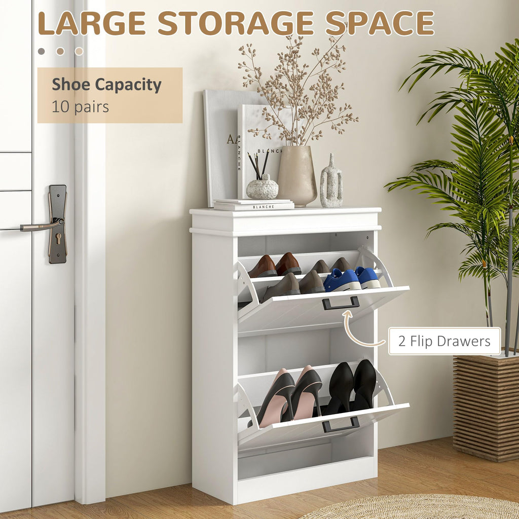 Narrow Shoe Cabinet with 2 Flip Drawers, Modern, White