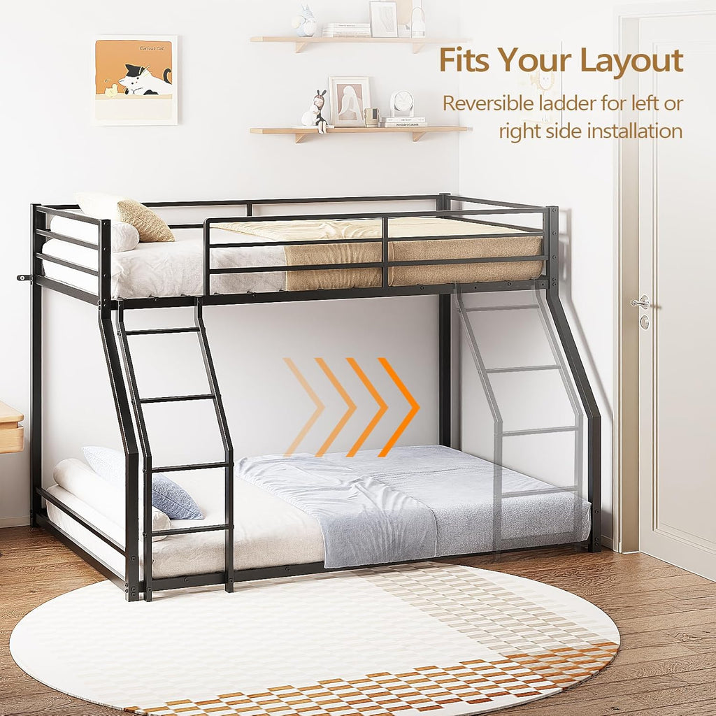 Bunk Bed Twin Over Full, Metal Bed Frame with Safety Guardraild for Boys Girls, Junior
