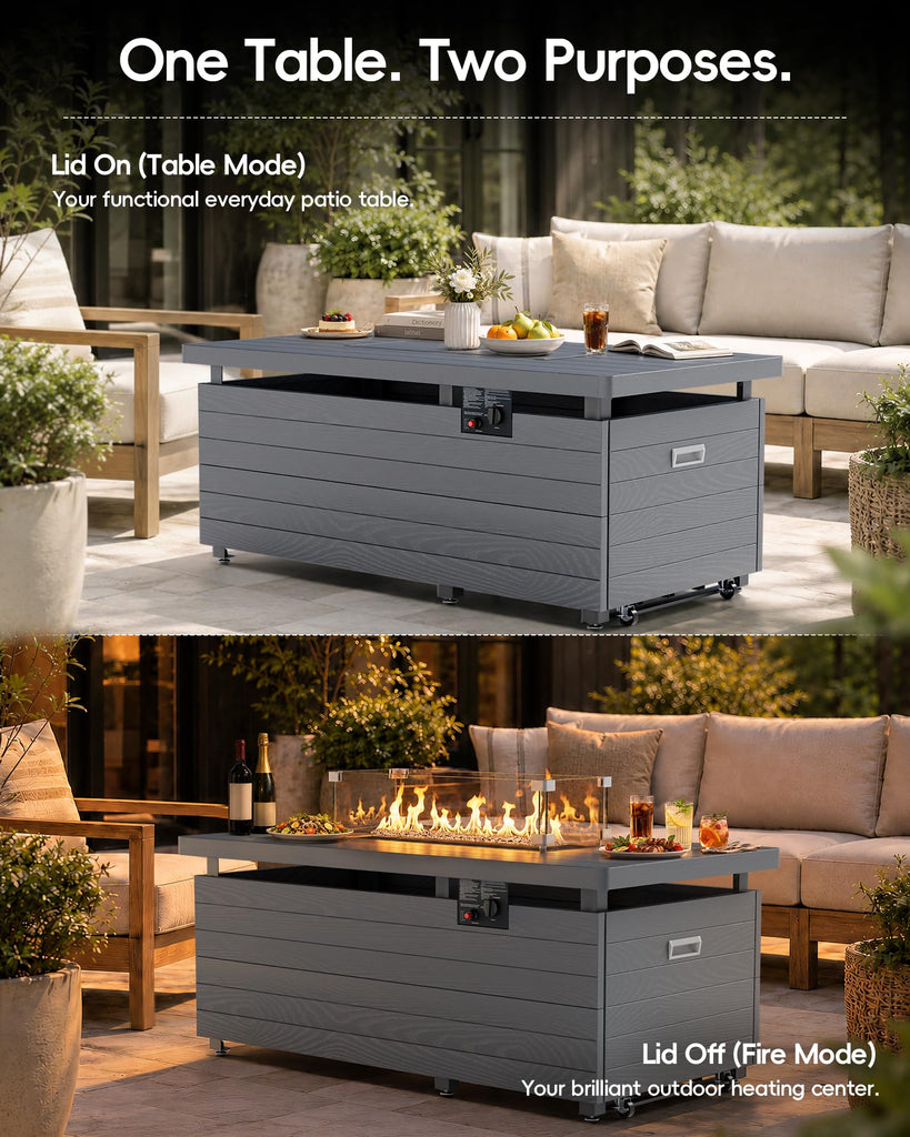 Outdoor Propane Fire Pit Table, 50000 BTU Rectangular Propane Fire Table with Glass Wind Guard, Sliding Tank Holder