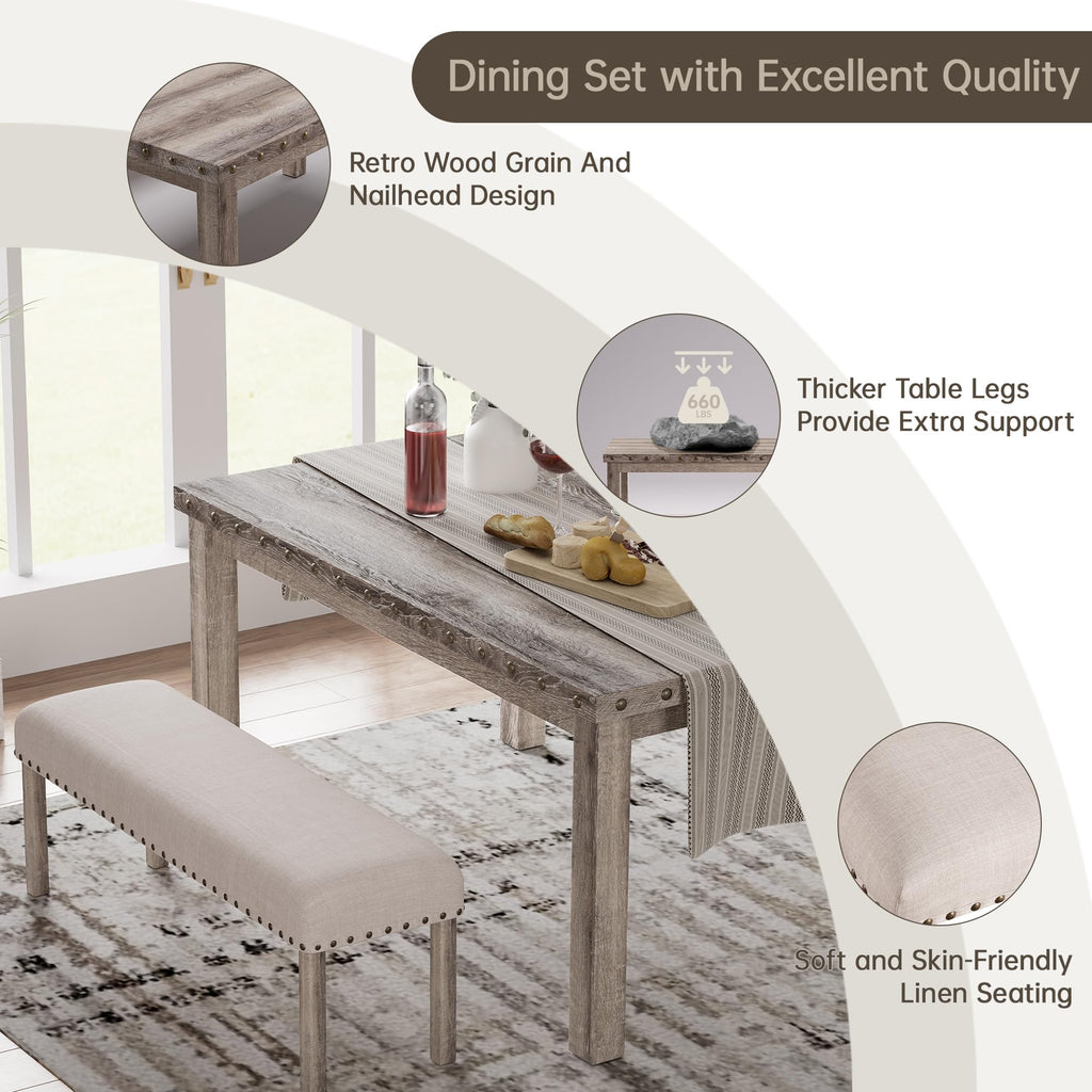 Dining Table Set for 6, Farmhouse Wooden Table & Upholstered Bench & 4 Dining Chairs, Kitchen Dining Set with