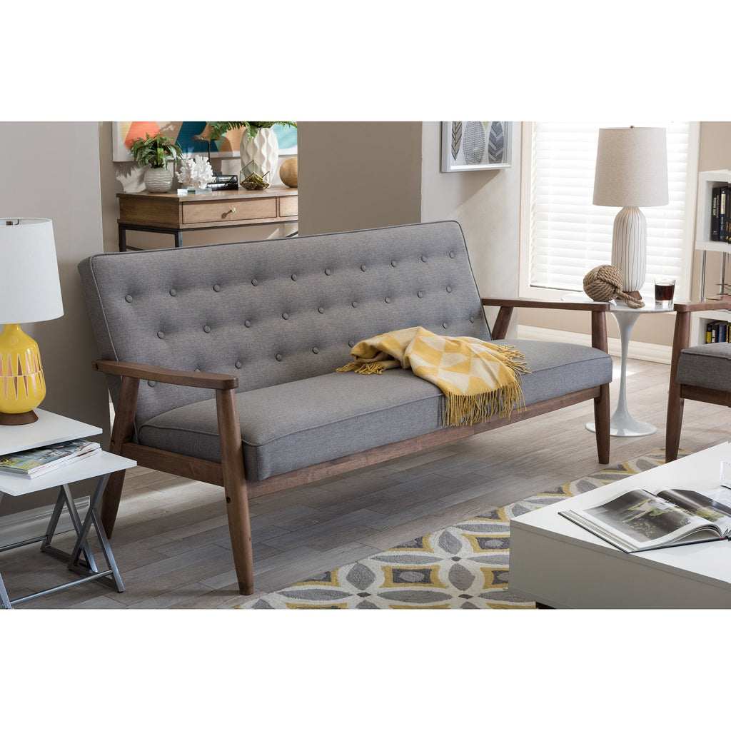Sorrento Mid-Century Retro Modern Fabric Upholstered Wooden 3-Seater Sofa, Grey 70.59 x 29.45 x 32.96