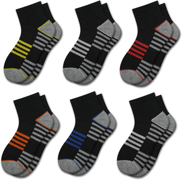 Boys Athletic Quarter Socks - Ankle Sports Socks With Cushioned Sole - 6 Pairs, Old