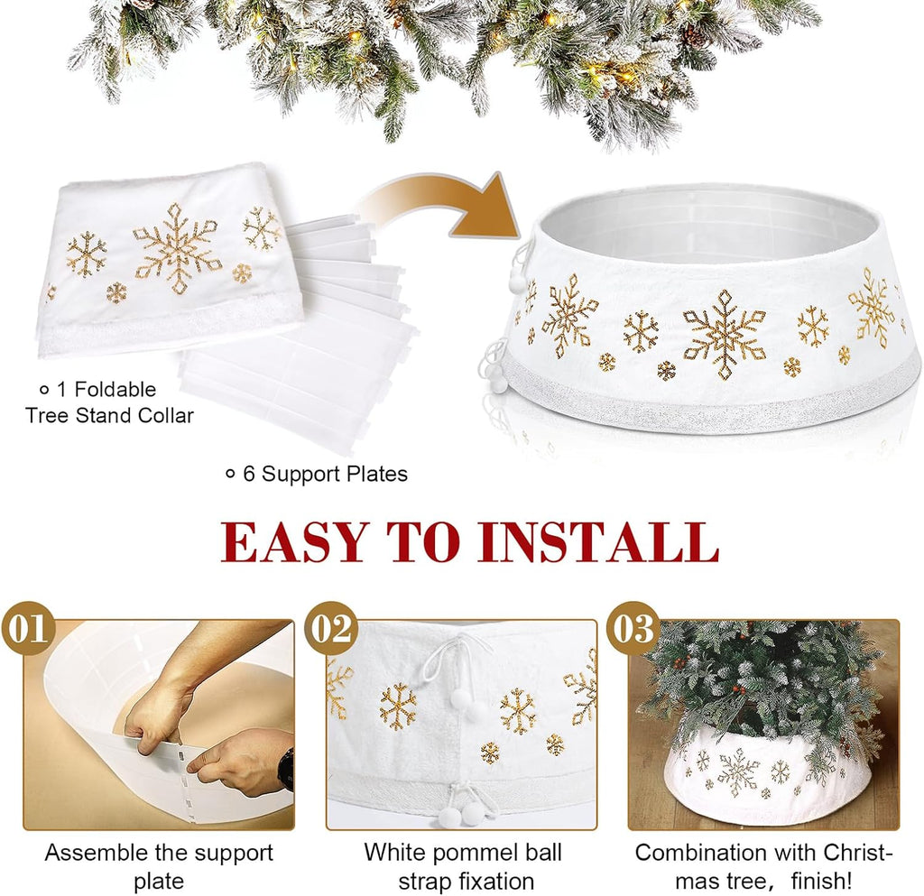 Christmas White Tree Collar Ring, 30'' Plush Gold Snowflake Sequin Tree Skirt, Christmas Artificial Tree Base Stand