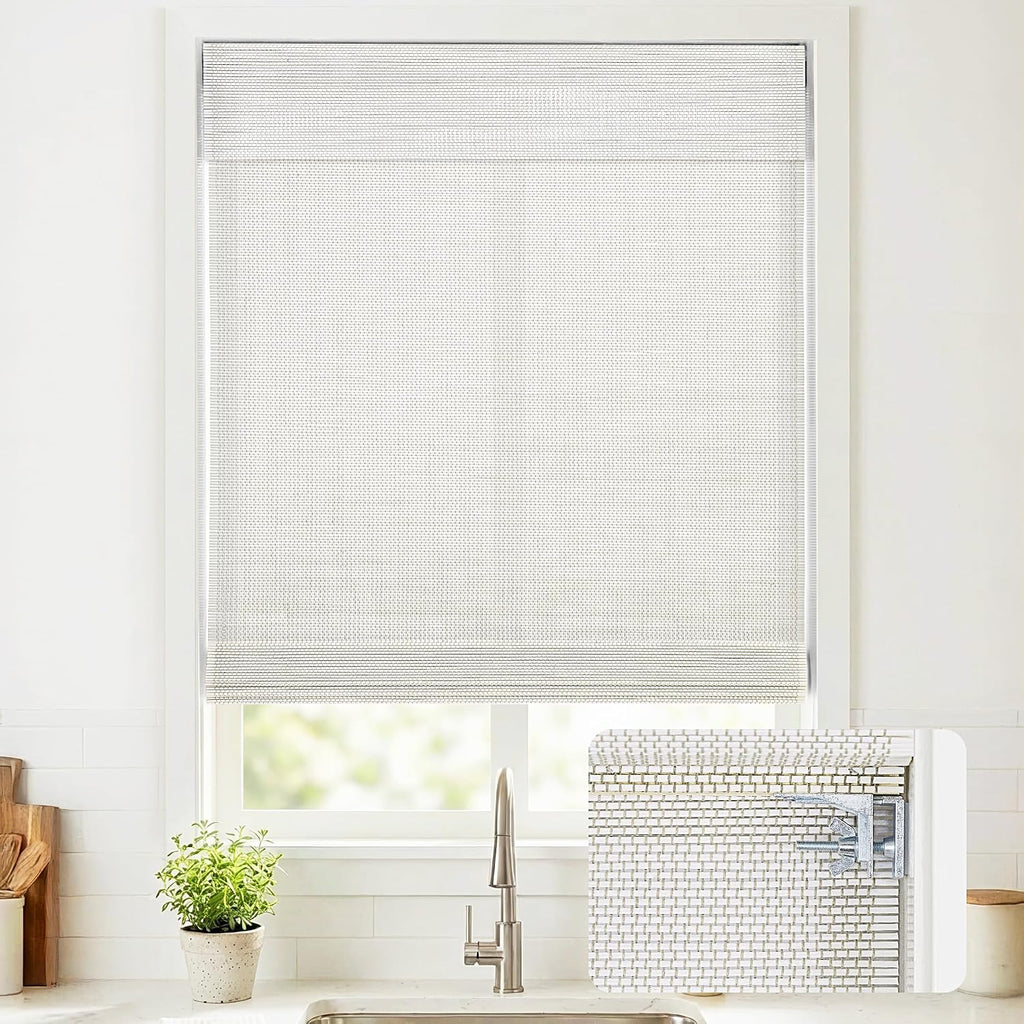 No Drill Cordless Bamboo Roman Shades, 33.5×64 in, Off White | Natural material, Light Filtering, Easy Install