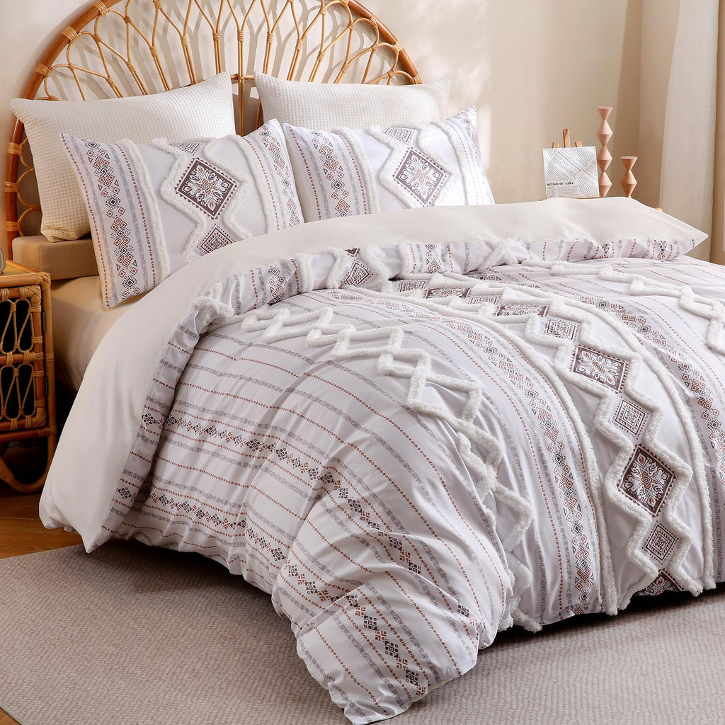 Light Brown 100% Cotton Boho Duvet Cover Set Queen Size, 3-Piece Tufted Textured Modern Boho Moroccan Bedding, Aztec