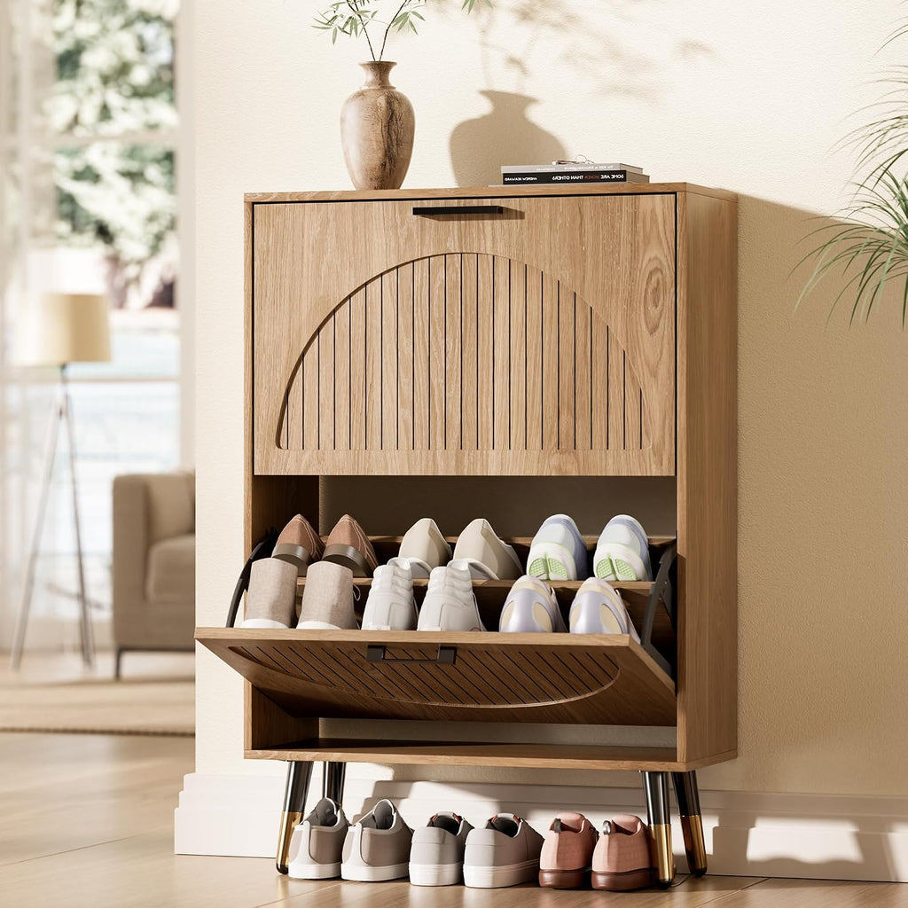 Farmhouse Shoe Cabinet Storage , Slim Shoe Rack Cabinet with 2 Flip Drawers, Narrow Shoe Organizer Cabinet with