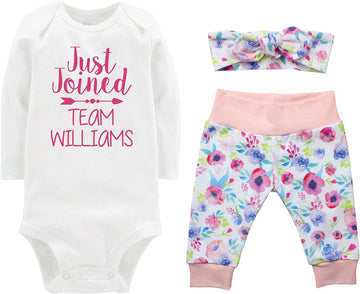 Just Joined Team Baby Girl Going Home Outfit - Pastel Watercolor Floral - Bodysuit, Yoga Pant, and Headband