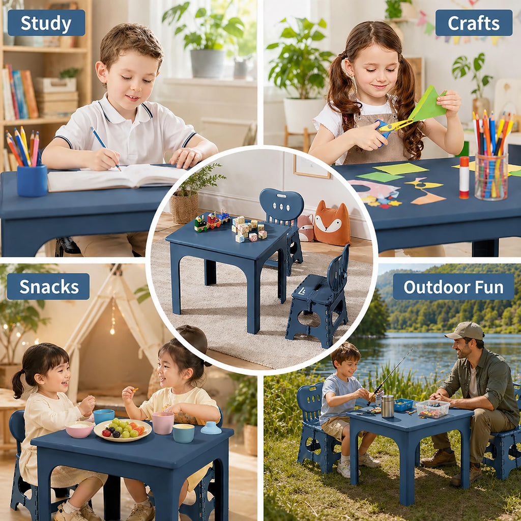 Kids Folding Table and Chairs Set, Height Adjustable, Portable 3-Piece Set