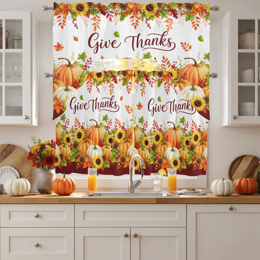 Thanksgiving Fall Kitchen Curtain and Valance Set 3 Pieces, Boho Farmhouse Orange Pumpkin Rod Pocket Short Tier