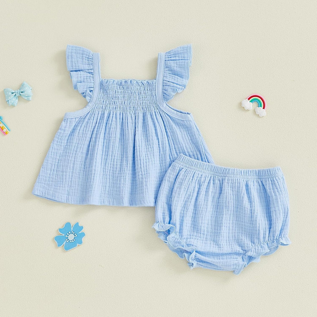 Baby Girl Summer Clothes Cute Basic Plain Cotton Linen Ruffle Tops Dress Shorts Outfits Set Shirt Princess Outfit