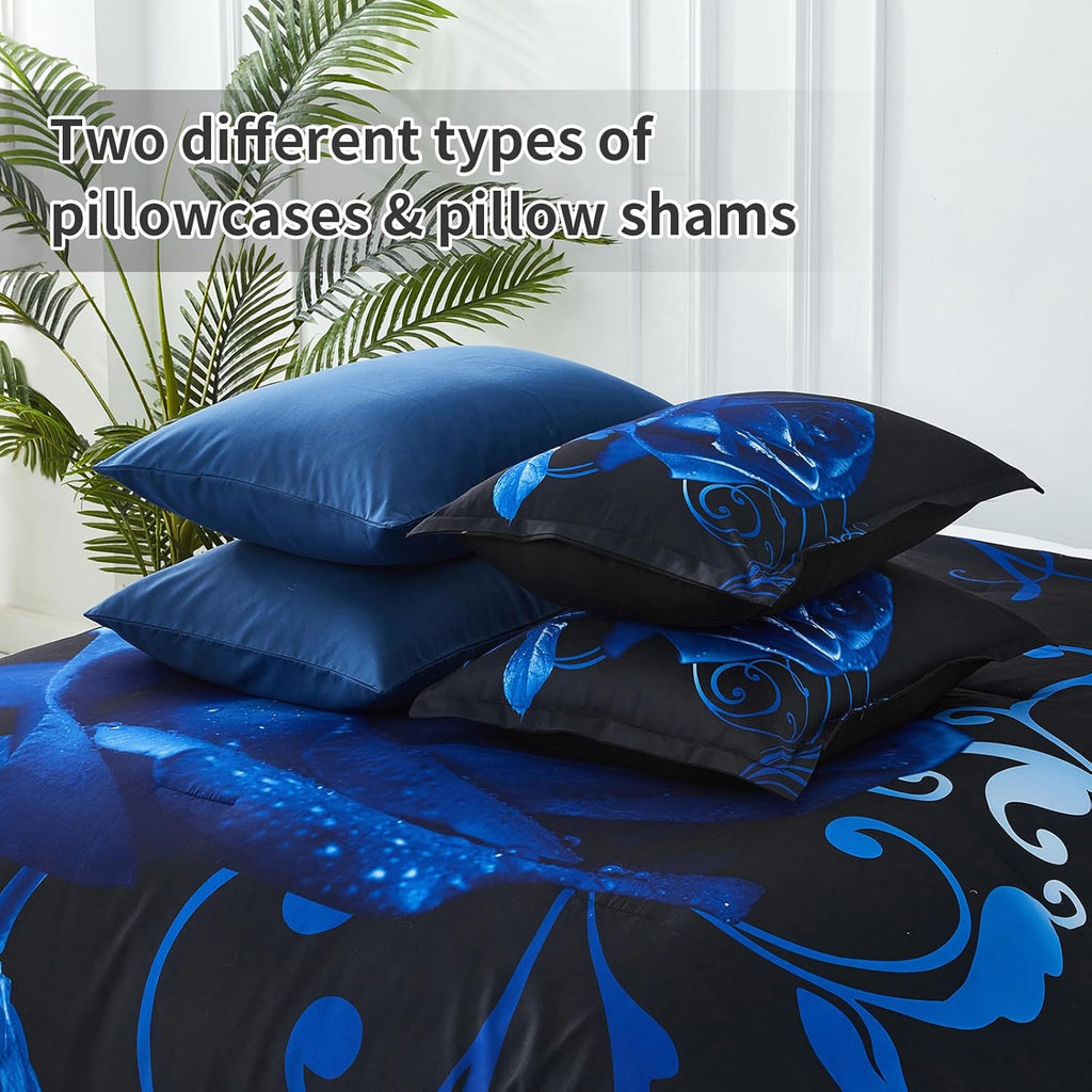 Xruibed Blue Comforter Set Queen 7 Piece Bed in a Bag Blue Rose Comforter with Sheet Set Soft Micorfiber Reversible