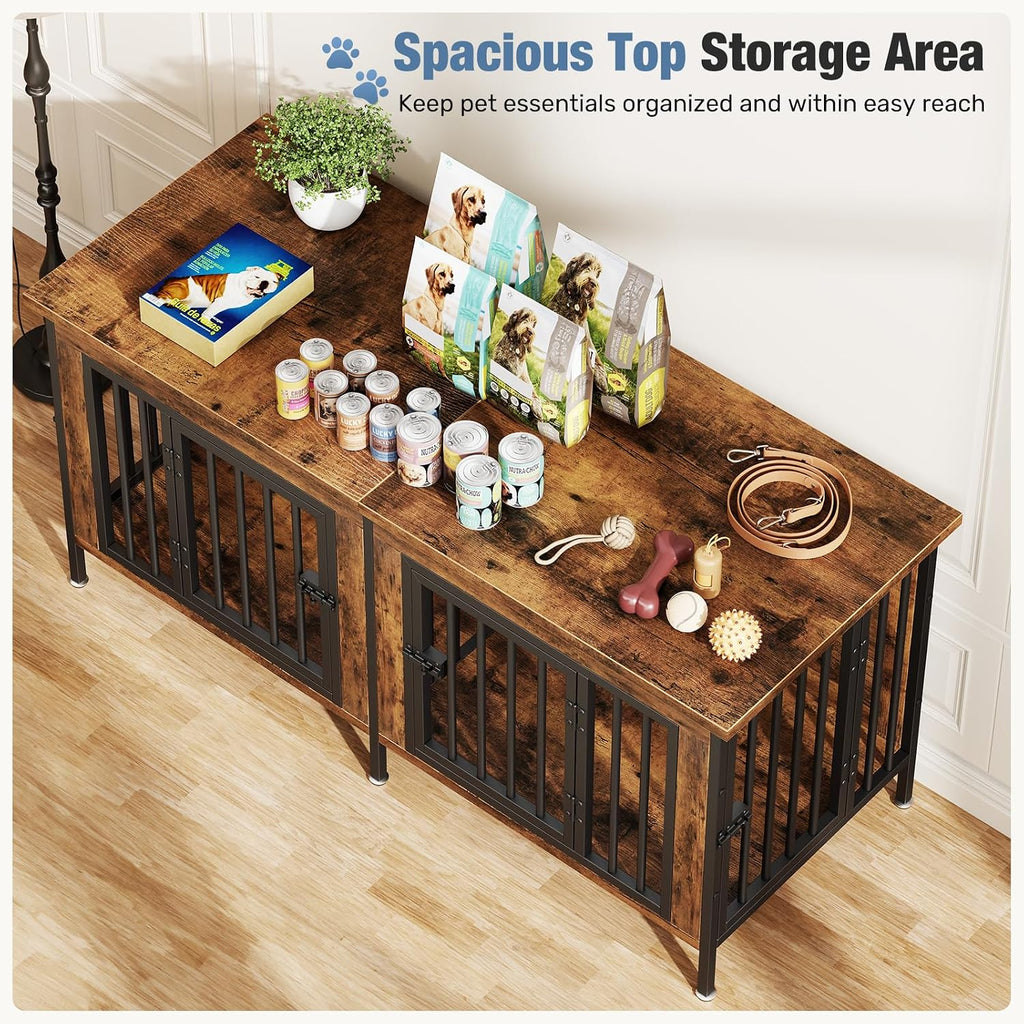 Dog Crate Furniture for 2 Dogs with Divider, Brown