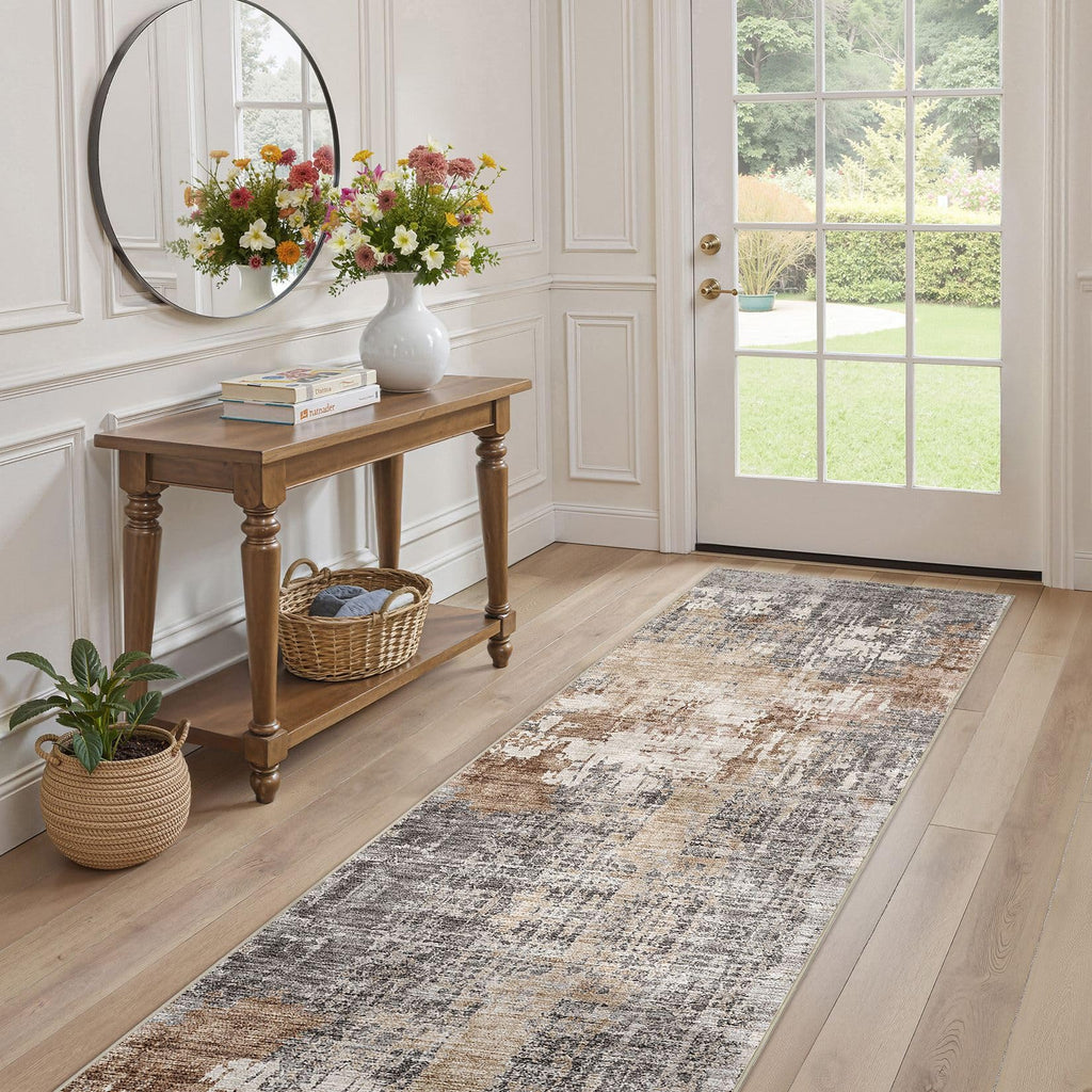 Washable Runner Rug : 2.6x12 Neutral Modern Abstract Low Pile Area Rug with Non-Slip Backing - Carpet Kitchen Laundry