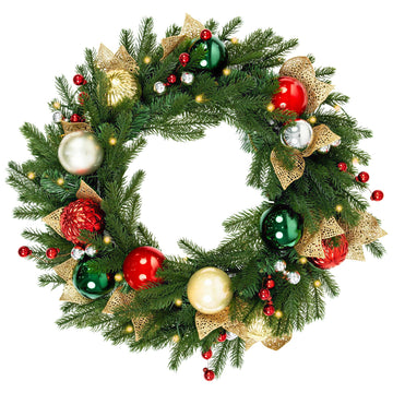 24 Inch Pre-Lit Christmas Wreath with 30 Warm White LED Lights and Timer, Battery Operated Artificial PE & PVC Wreath