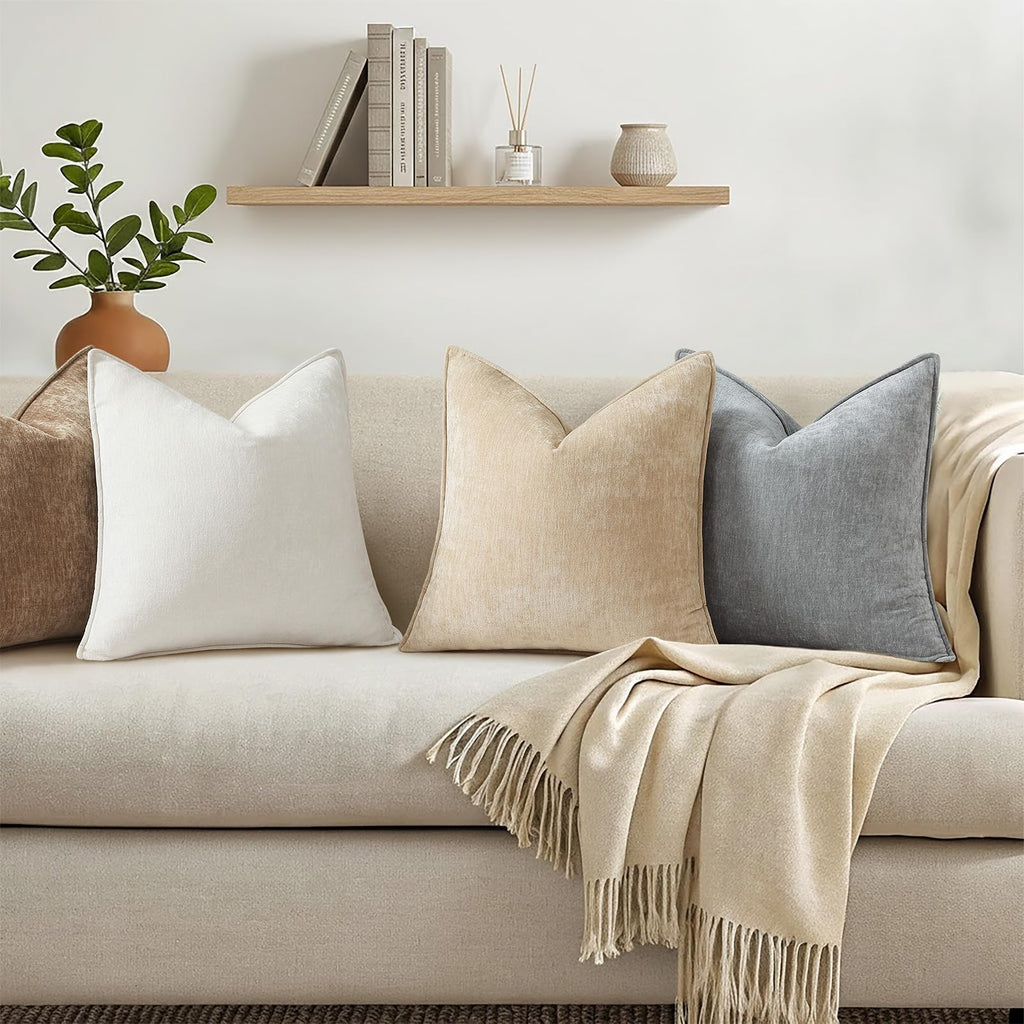 Chenille Beige Velvet Throw Pillow Covers 24x24 Set of 2
