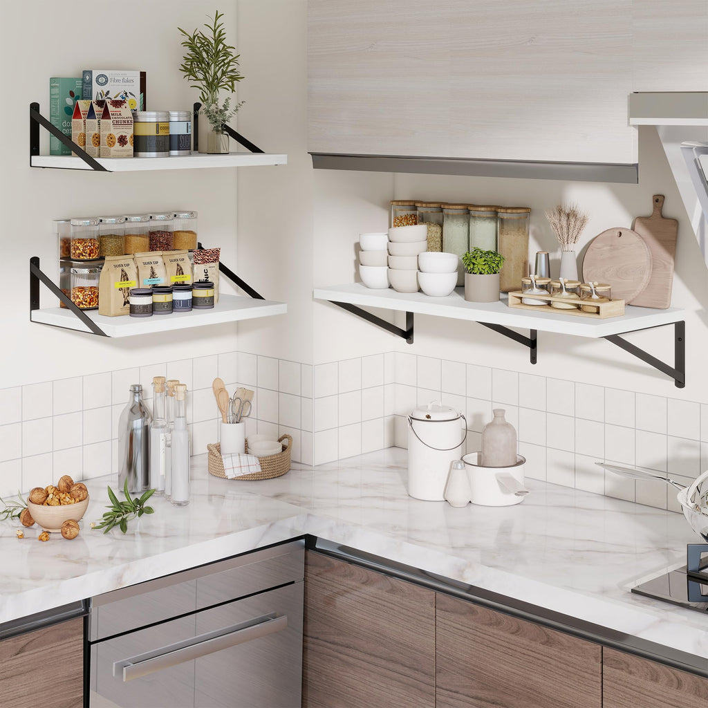 12" Deep Wall Shelves with Metal Brackets, 48" Wide, White Finish, 2pcs