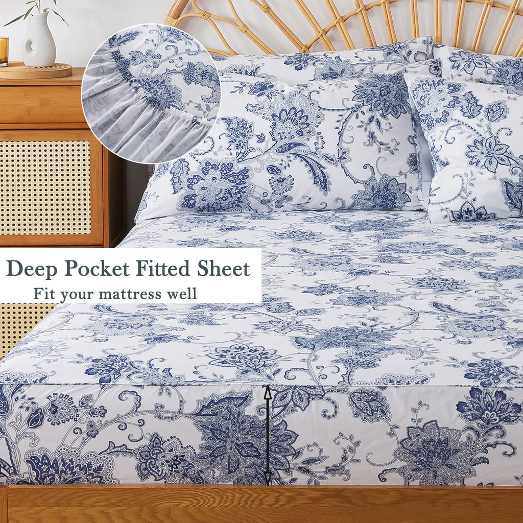 Cal King Sheets Set Percale Cotton Floral Bed Sheets Deep Pocket Fitted Sheet, Luxury Blue Floral Pattern Classic