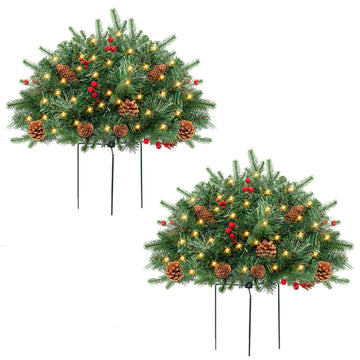Outdoor Christmas Tree Frosted Urn Filler 2 Set, Pre-lit Artificial Xmas Tree with Cones & Red Berries, Small
