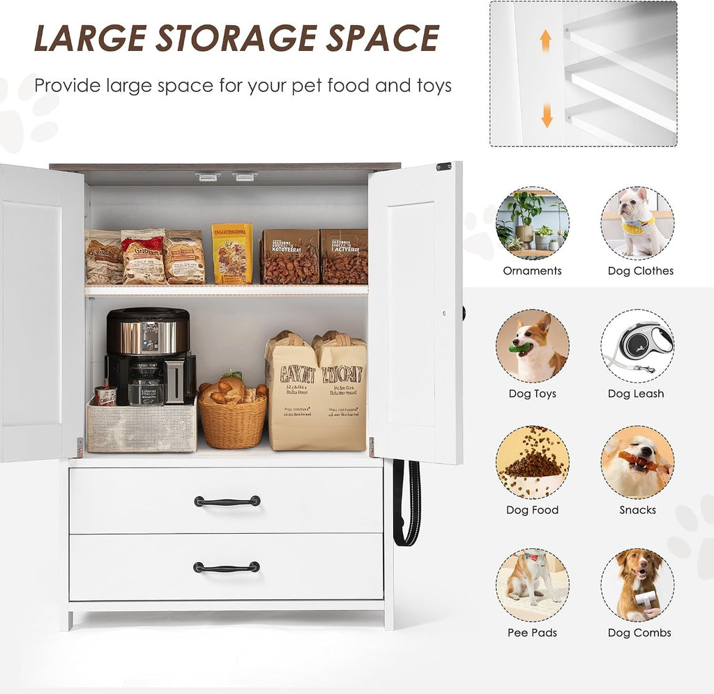 Modern Dog Food Storage Cabinet with 2 Adjustable Doggy Bowls, Pet Feeding Station with Drawer and 3 Hooks for Dogs