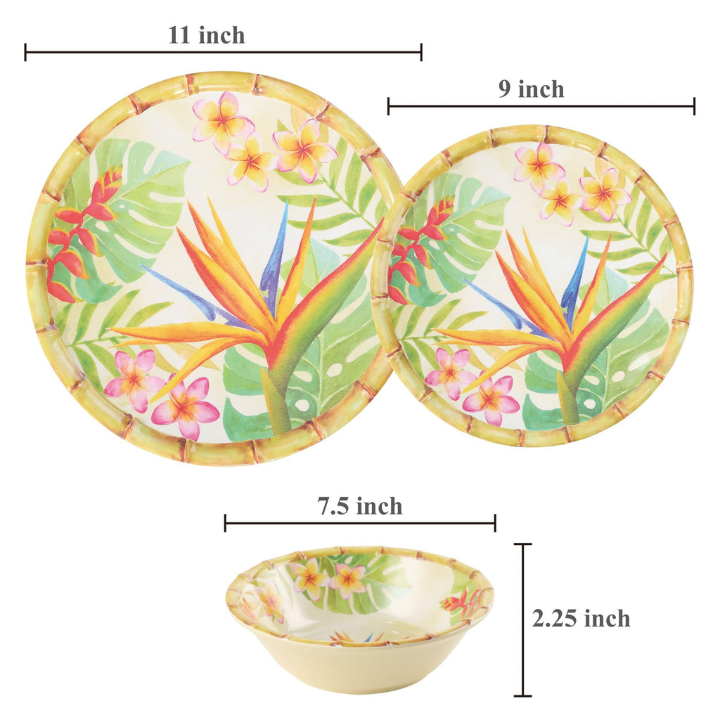 12 Piece Bird of Paradise Melamine Dinnerware Sets, Outdoor Dishes Set, Plates and Bowls Sets, Service for 4