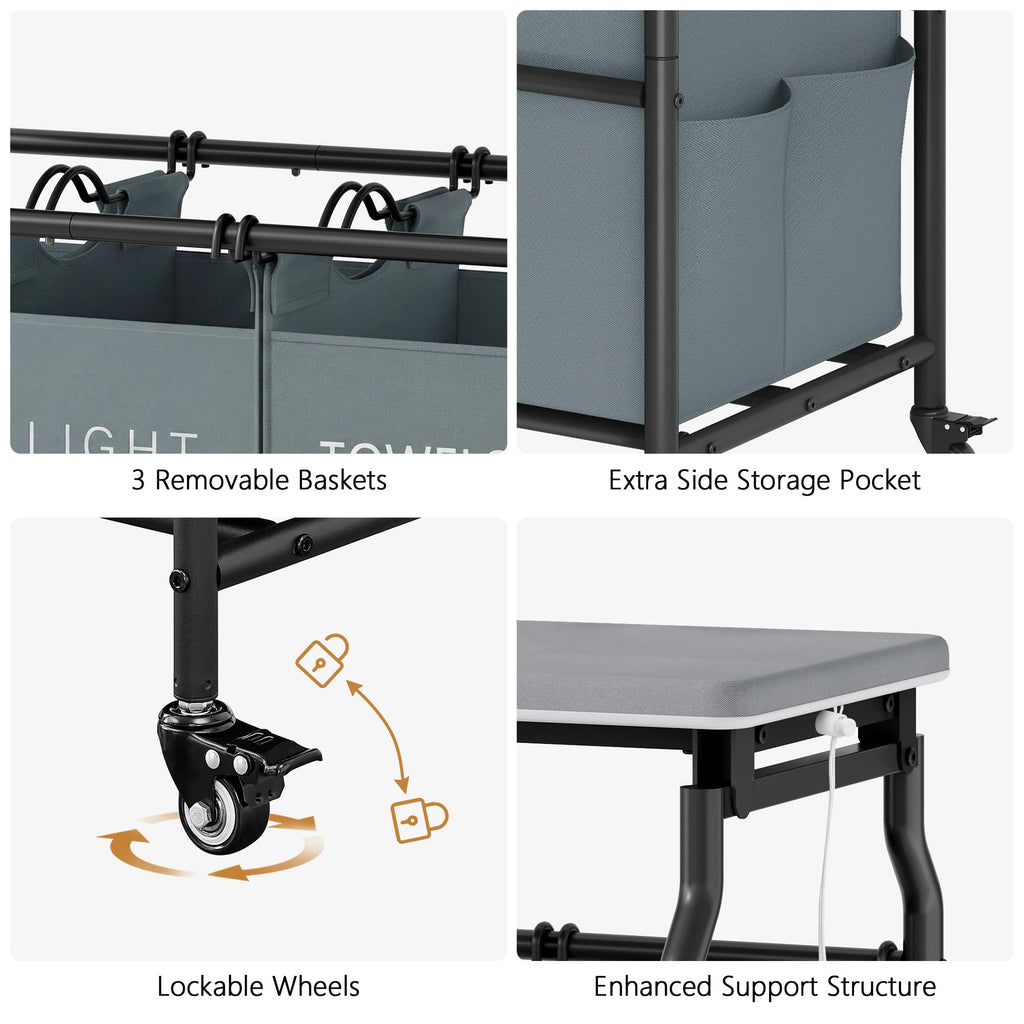 3 Section Laundry Sorter with Ironing Board, Laundry Hamper, Gray
