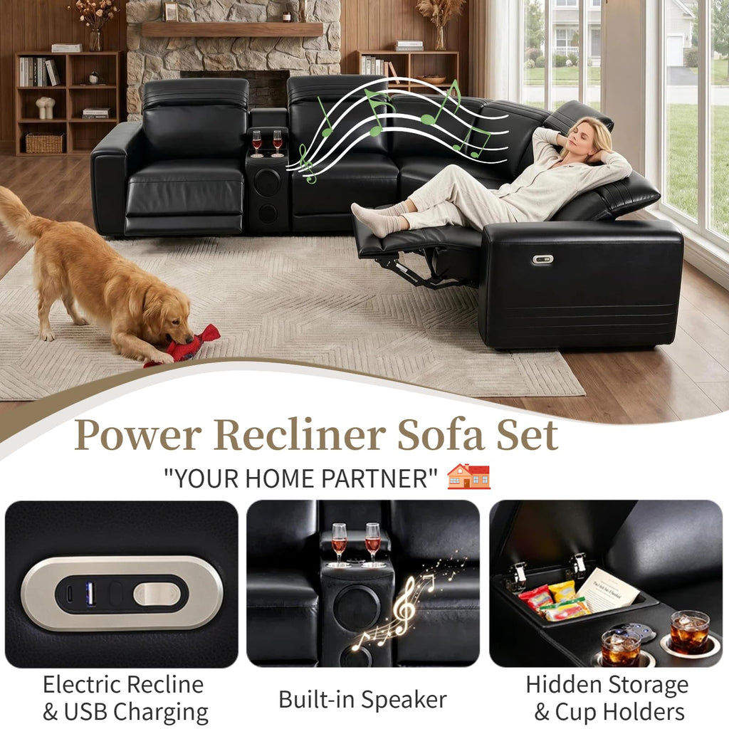 Leather Power Reclining Sectional Sofa with Bass Speakers