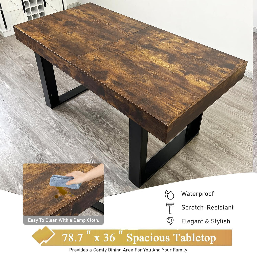 7-Piece Extendable Dining Table Set for 6, 63-78 Inch Rustic Brown Kitchen Table Set with 6 Green Tufted Chairs