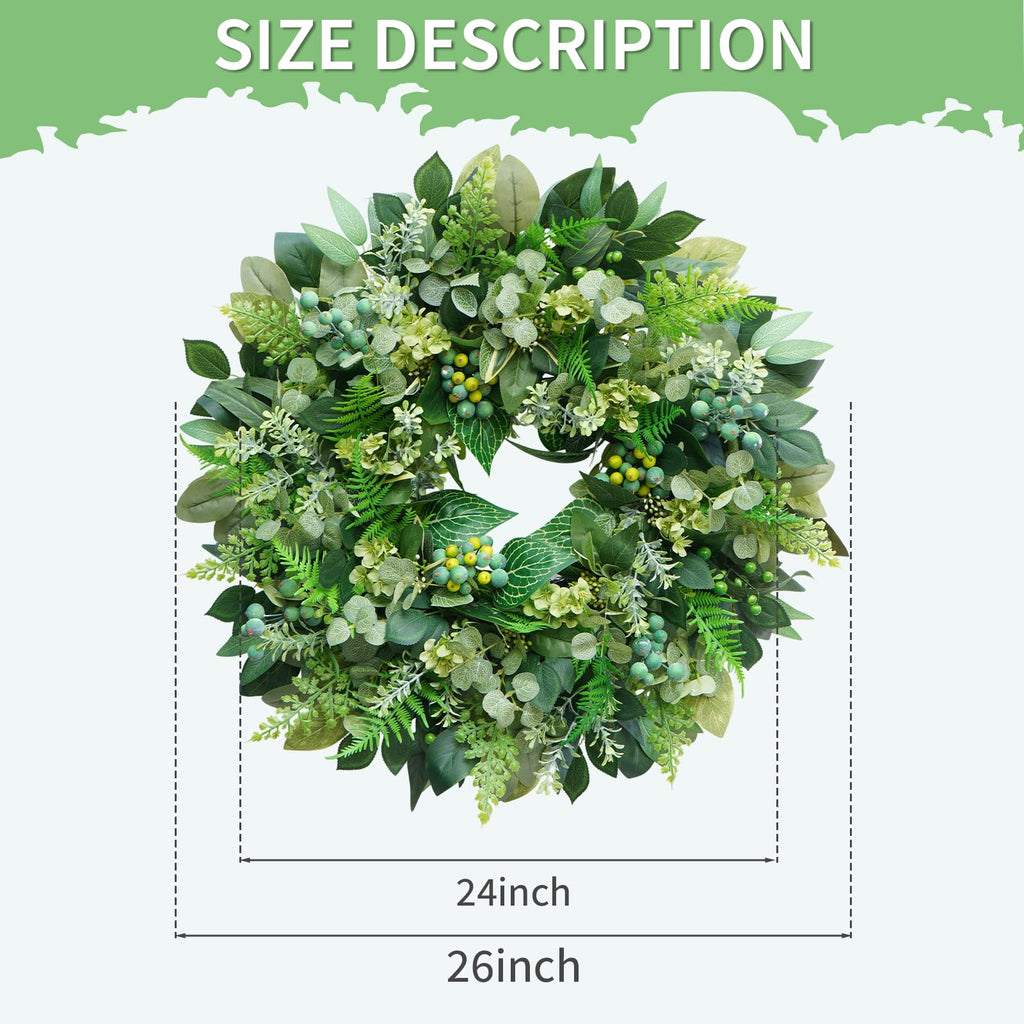 26 Inch Green Wreath for Front Door - Artificial Greenery Wreath with Berries, Indoor Outdoor All Season Year