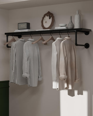 Clothes Rack 48in, Wall Mounted Garment Racks with Real Black Wood Shelf, Heavy Duty Hanging Clothes Rack
