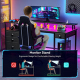 60" Black Computer Desk with 4 Drawers and Printer Space, Gaming Desk with LED Lights and USB Power Outlets