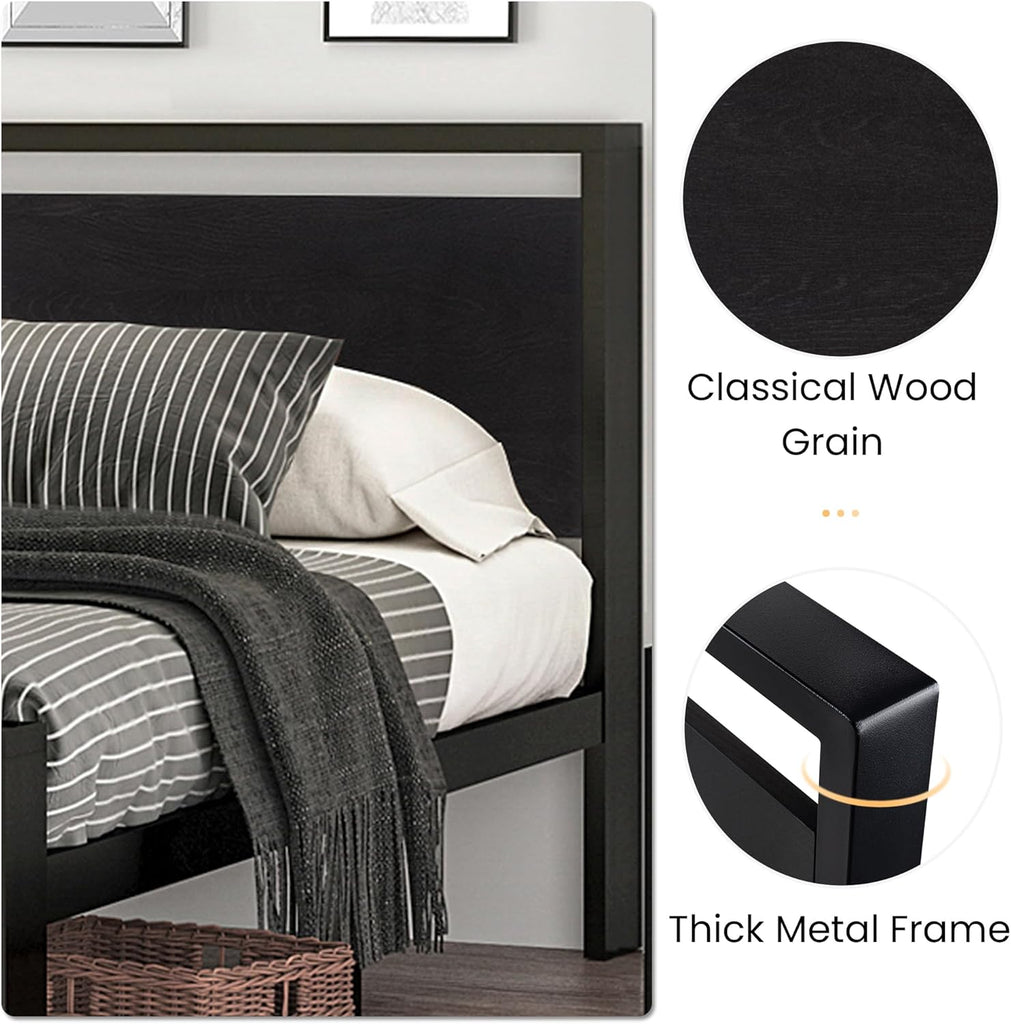 14 Inch Full Metal Platform Bed Frame with Wooden Headboard and Footboard, Mattress Foundation, No Box Spring Needed