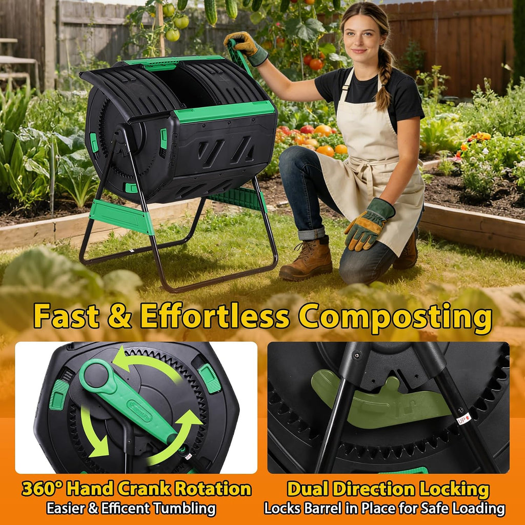 53-Gallon Dual Chamber Compost Tumbler, Outdoor Compost Bin with 360° Hand Crank & Adjustable Aeration, Includes