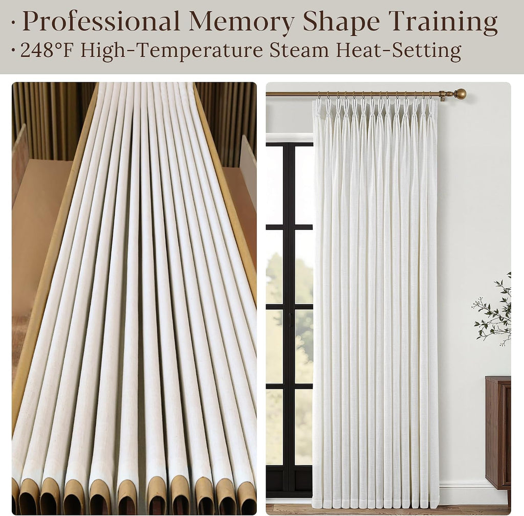 Triple Pinch Pleated Curtains for Living Room 90 Inch Linen Curtains 2 Panels Set Natural Cream Light Filtering Semi