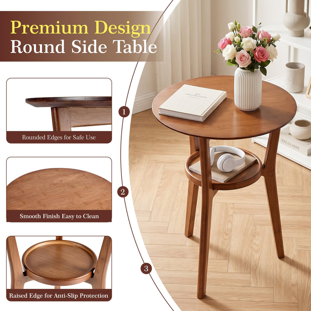 Bamboo Round Side Table, 2-Tier Mid Century Modern Sofa End Table