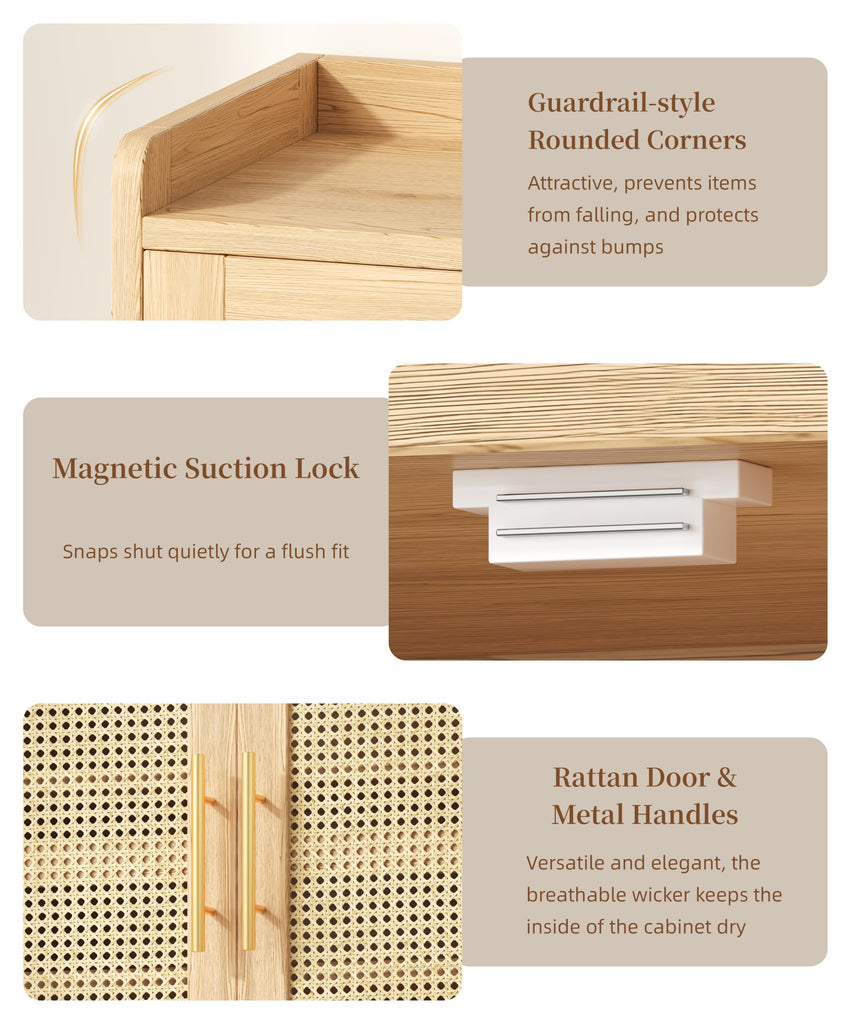 Rattan Shoe Cabinet with Doors & Adjustable Shelves, Natural Oak