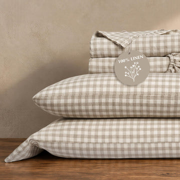 100% European Flax Linen Sheet Set, Natural Gingham