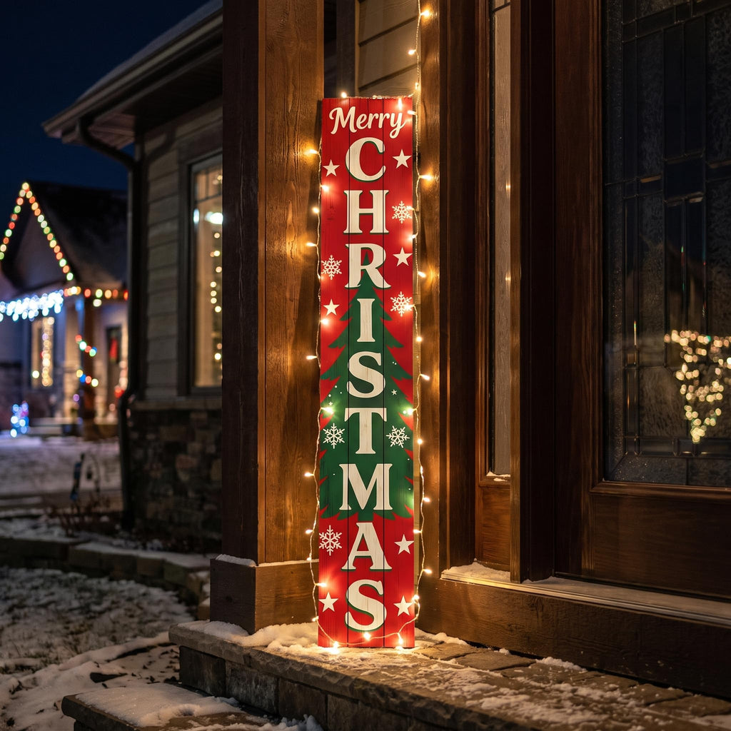 Vertical Merry Christmas Porch Sign, Rustic Wooden Xmas Standing Sign, Christmas Day Farmhouse Outdoor