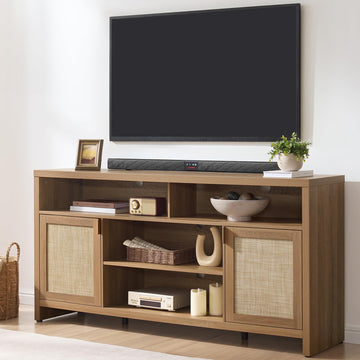 63" Rattan TV Stand for 55" 65" TV - 31" Tall TV Stands Boho Entertainment Center with Storage and Doors, Wood Media