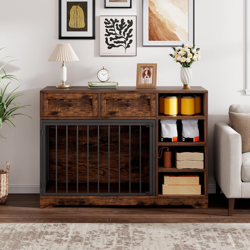 47.2" Dog Crate Furniture with 2 Drawers and 4 Shelves, Wood Dog Crate TV Stand, Large Dog Kennel Indoor for Small