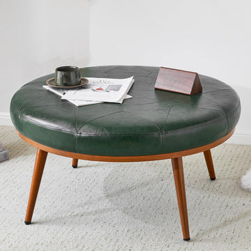 Round Ottoman, Large Faux Leather Footstool and Coffee Table, Cushioned Backless Chair, Padded Seat Footrest, (Green)