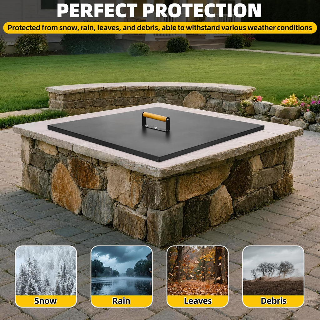 Firepit Lid Square, Rust Resistant 28" Fire Pit Lid Cover with Handle&Gloves