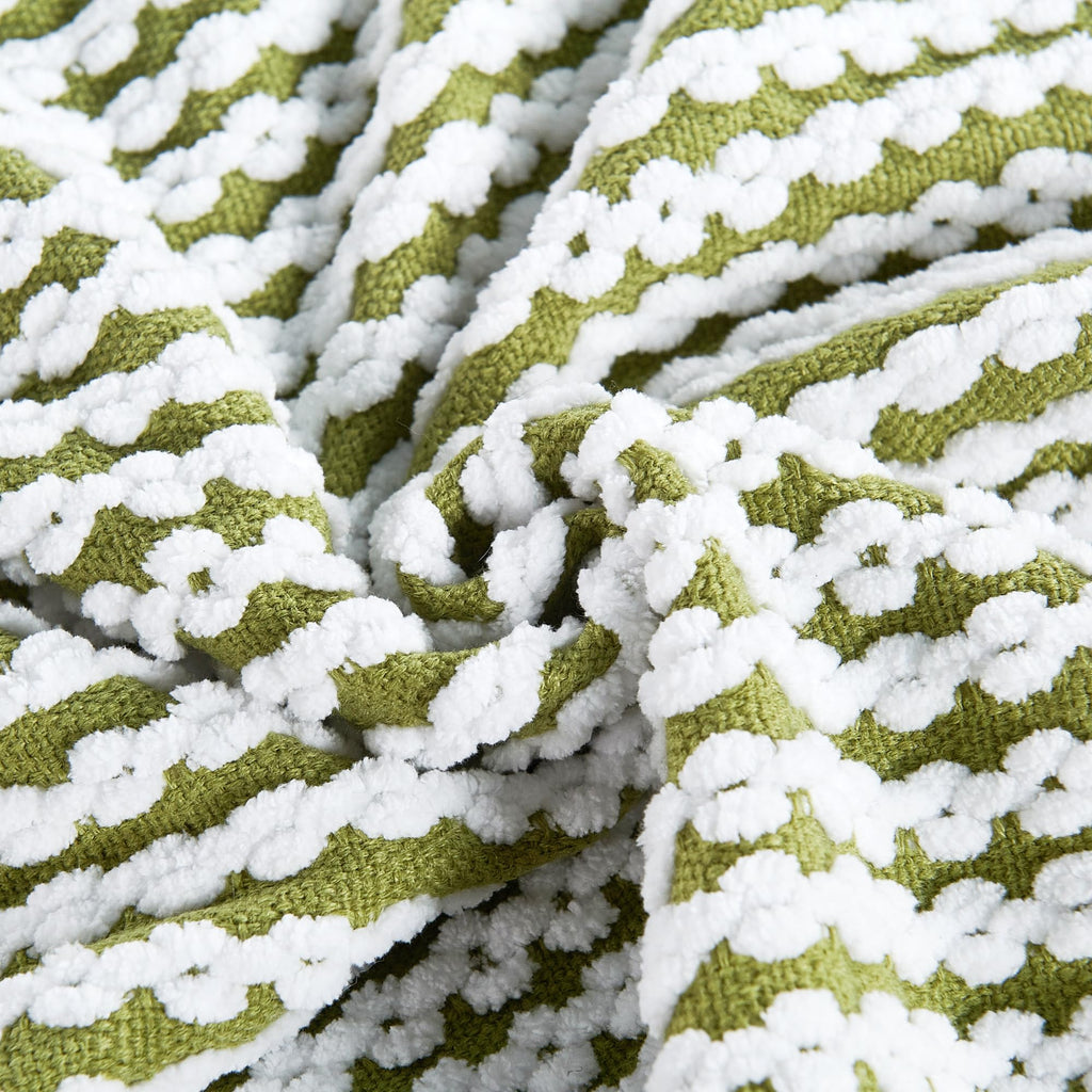 Striped Knit Throw Blanket with Braided Tassels 50" x 60", Hand Knitted Soft Chunky Chain Design Boho Farmhouse