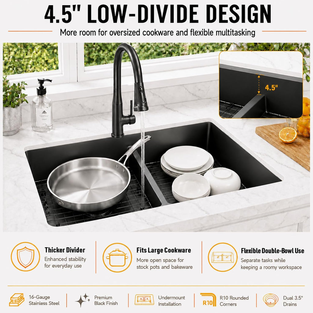 32 inch Double Bowl Kitchen Sink,Black Undermount Kitchen Sink 32 X 18 inch,16 Gauge Stainless Steel Undermount