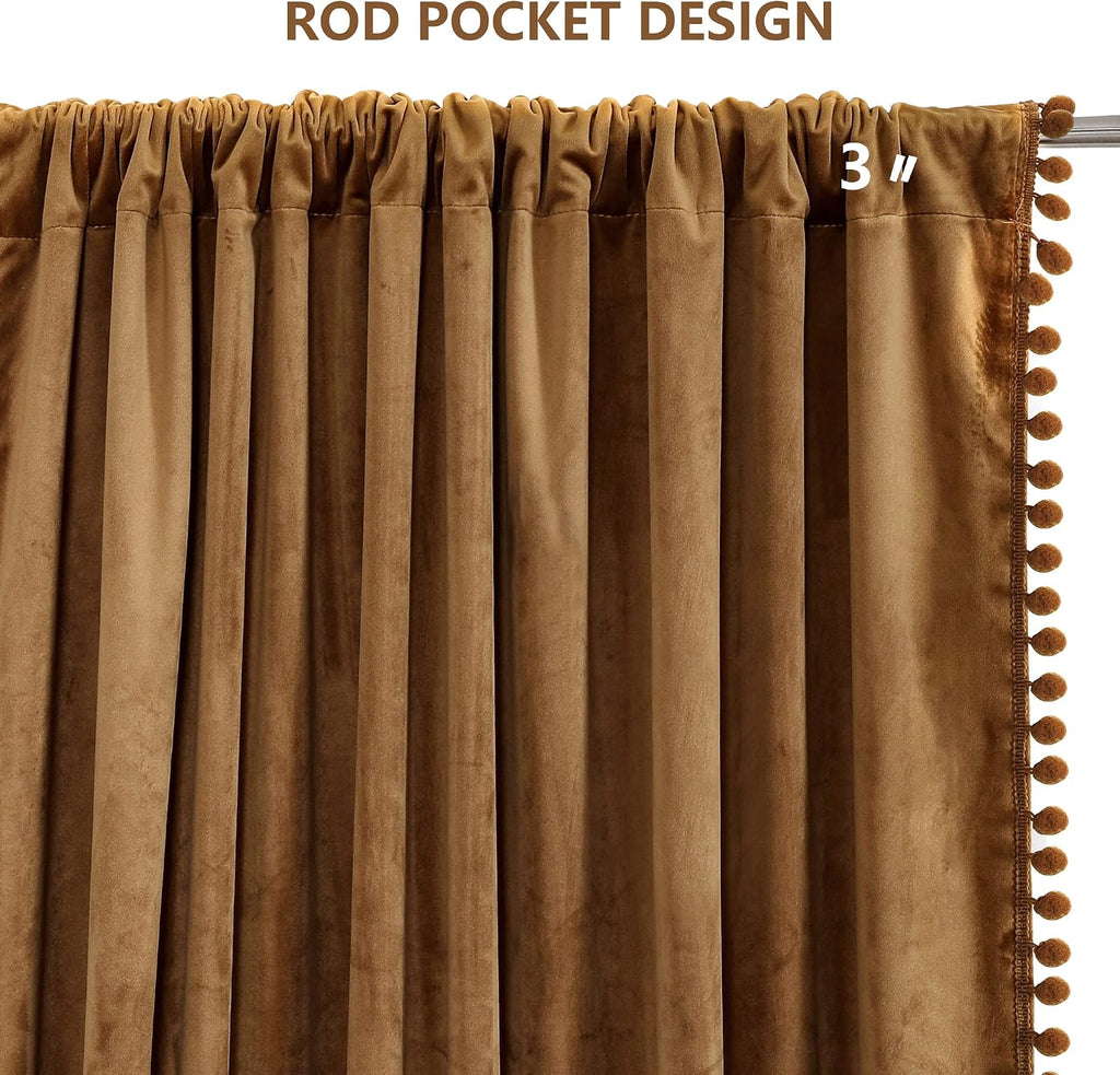Camel Velvet Pom Pom Blackout Curtains 52x96 Inch 2 Panels | Blackout, Super soft velvet,vintage, luxury, thermal
