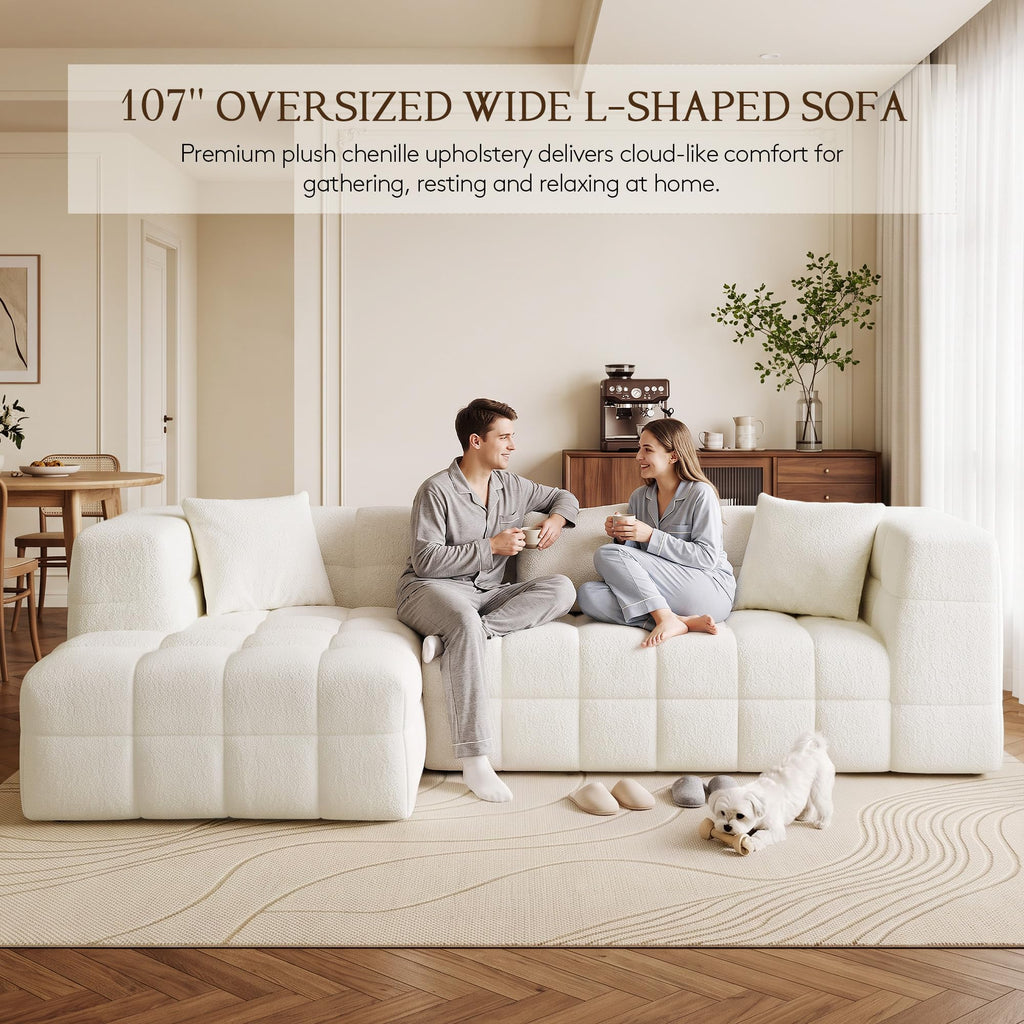 107" Cloud Sectional Couch with Chaise, Boneless Modular Sofa, Beige